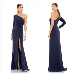 New Mac Duggal 26505i (6) Navy Long Sleeve One Shoulder Ruched Jersey Gown $298